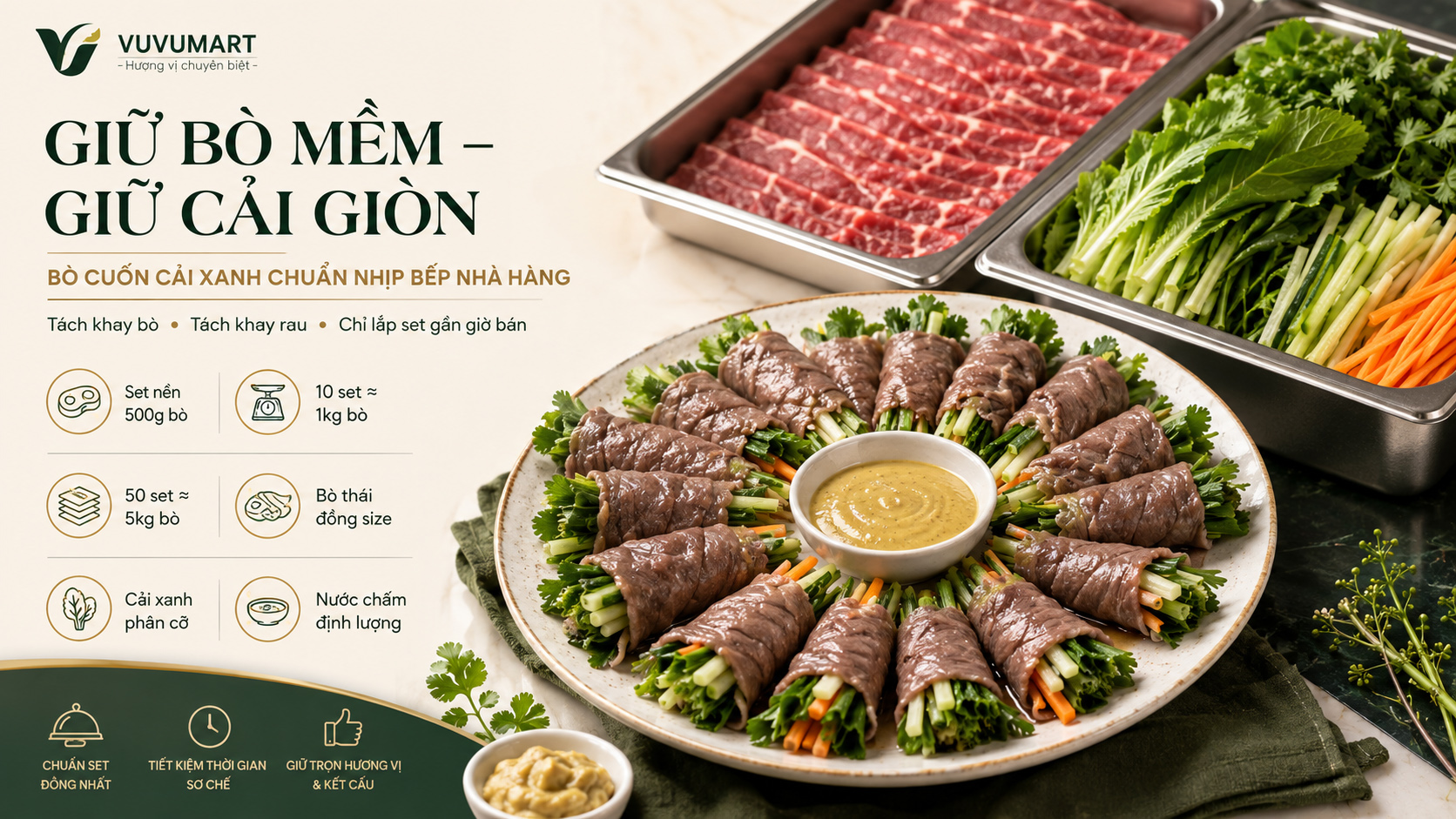 Bò cuốn cải xanh cay nhẹ, thịt mềm và từng cuốn giòn tươi đẹp mắt