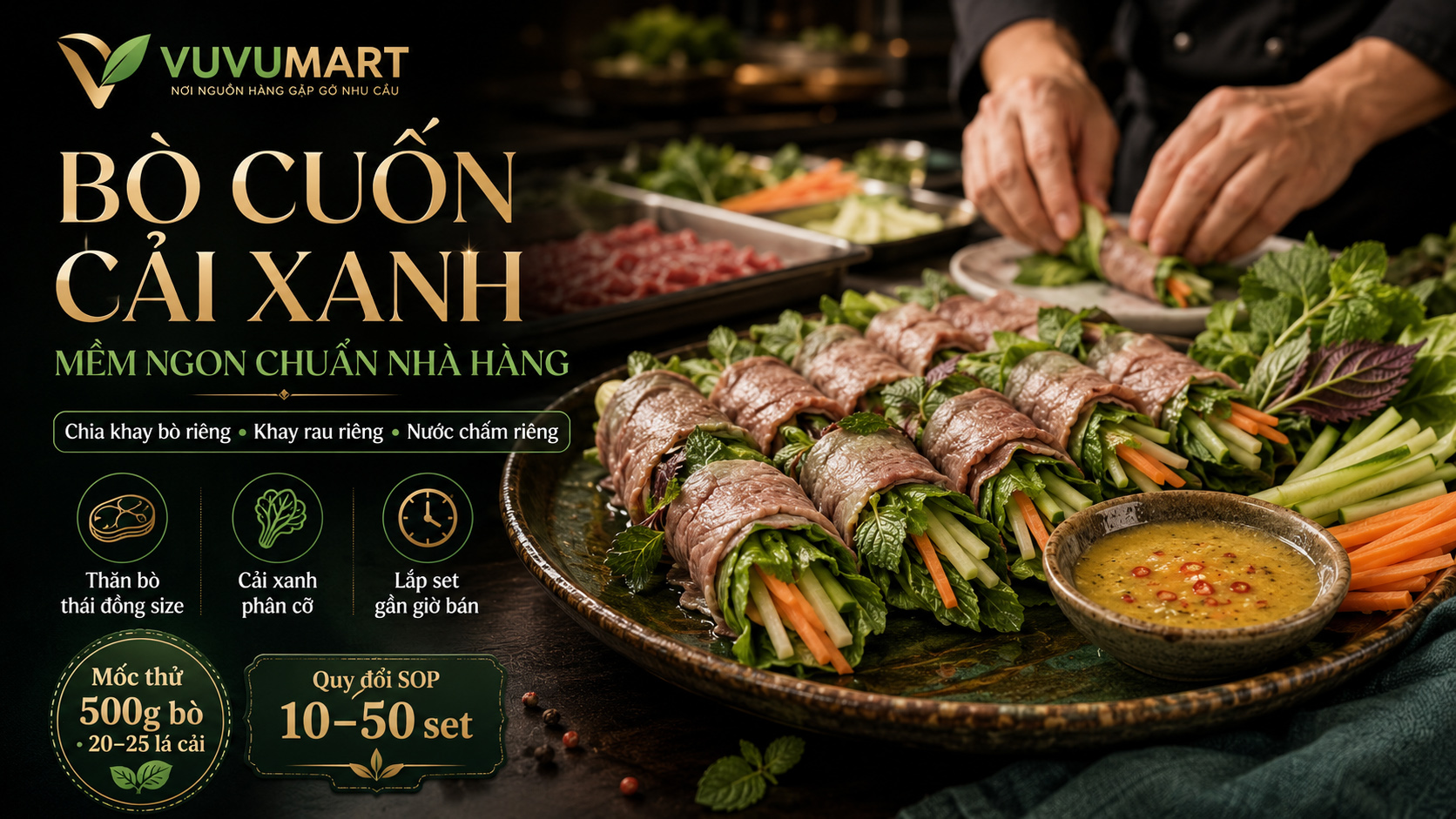 Bò cuốn cải xanh cay nhẹ, thịt mềm và từng cuốn giòn tươi đẹp mắt