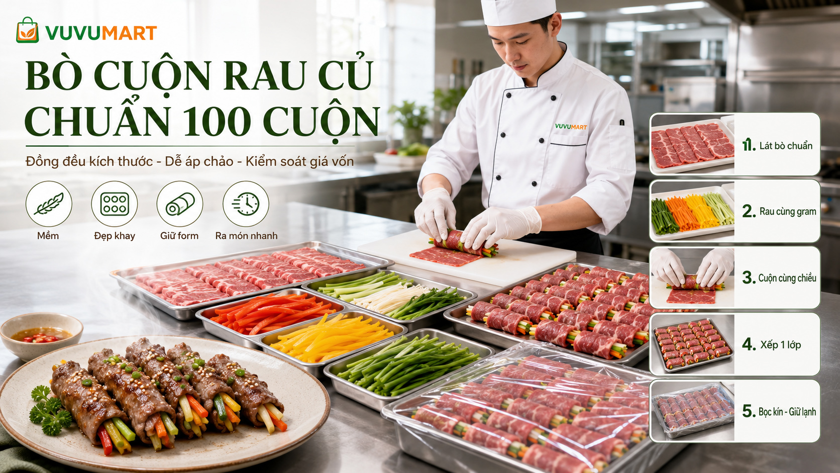 Bò cuộn rau củ đều tăm tắp, thịt mềm và rau còn giòn sau áp chảo