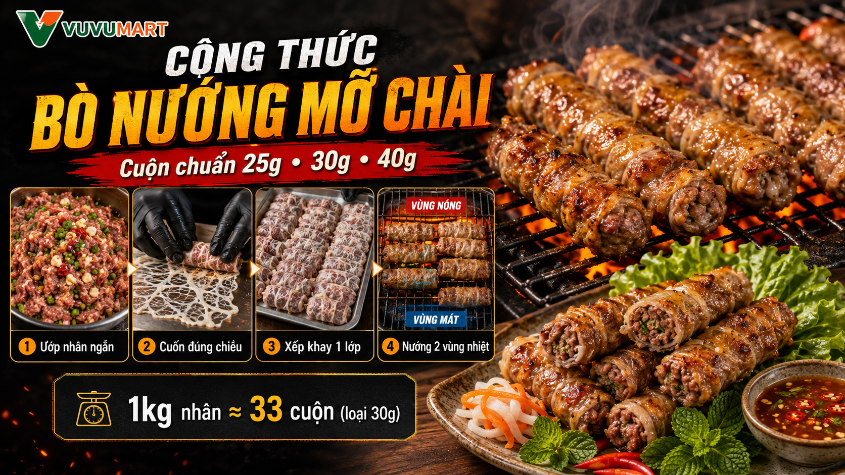 Bò nướng mỡ chài căng mọng, thơm khói và béo vừa đủ để bán quán