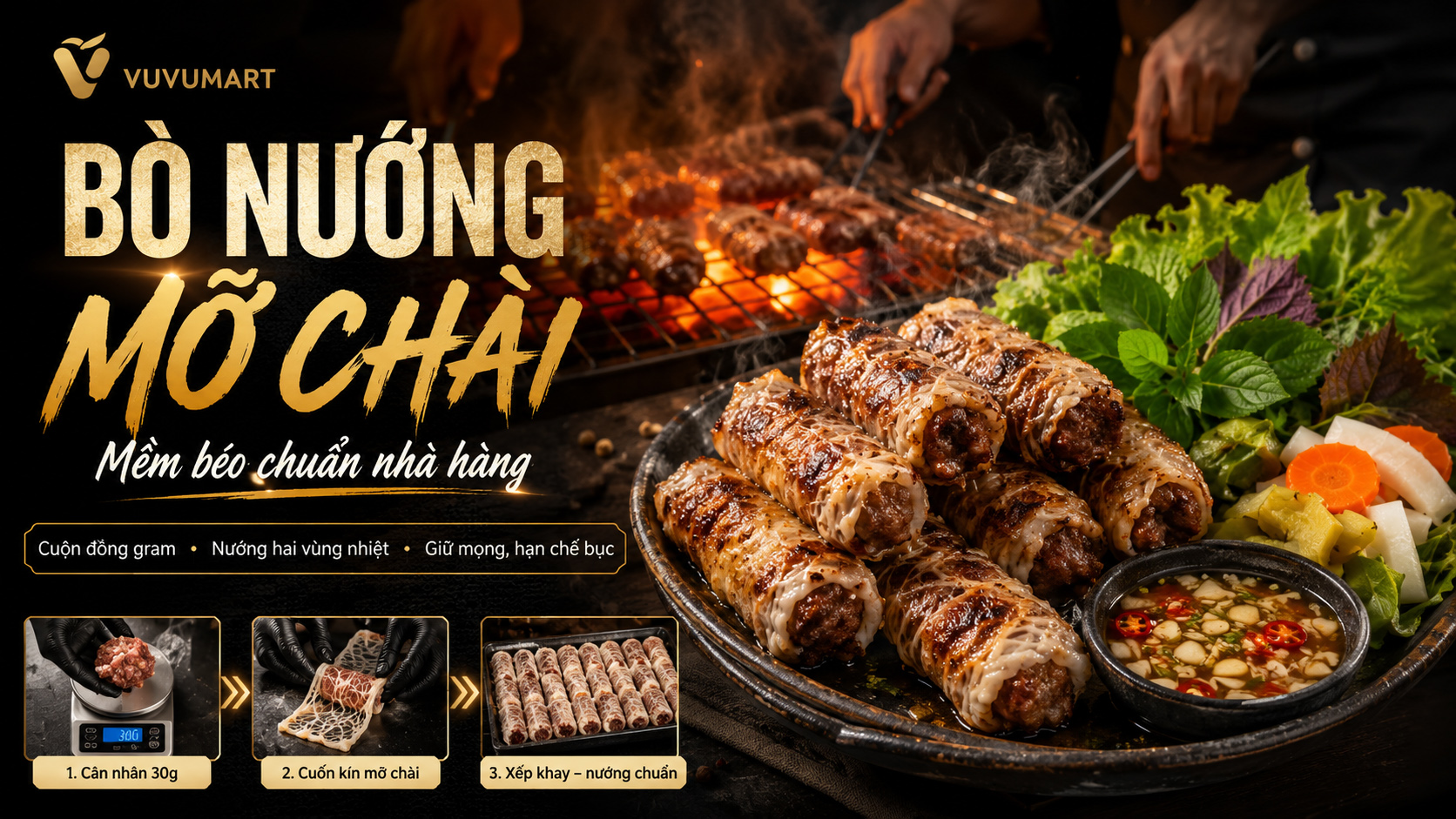 Bò nướng mỡ chài căng mọng, thơm khói và béo vừa đủ để bán quán