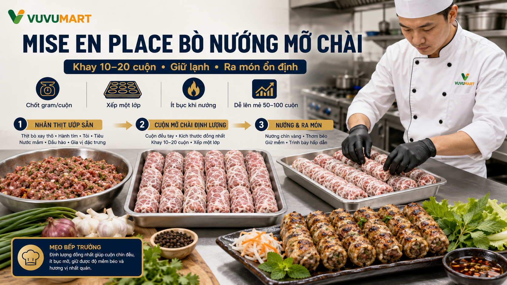 Bò nướng mỡ chài căng mọng, thơm khói và béo vừa đủ để bán quán