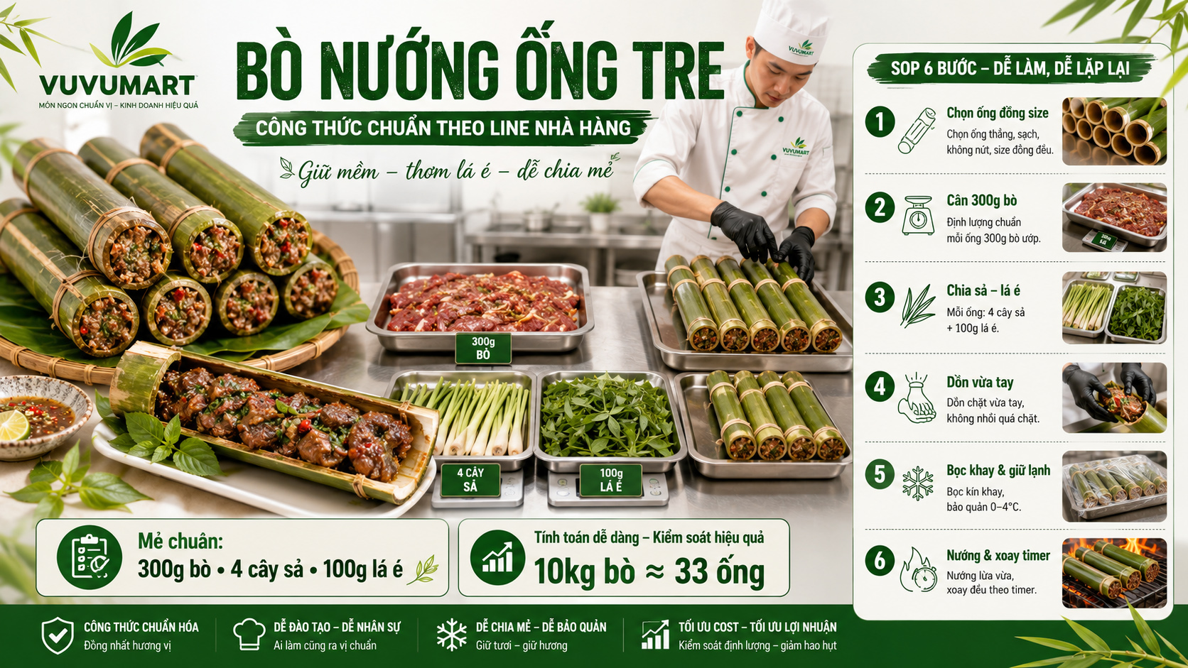 Bò nướng ống tre thơm lá é, giữ nước thịt và tạo màn mở ống hấp dẫn tại bàn