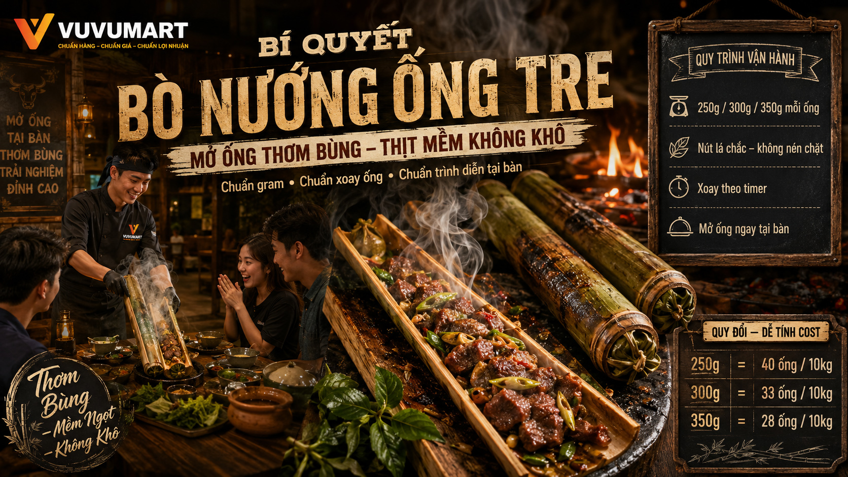 Bò nướng ống tre thơm lá é, giữ nước thịt và tạo màn mở ống hấp dẫn tại bàn