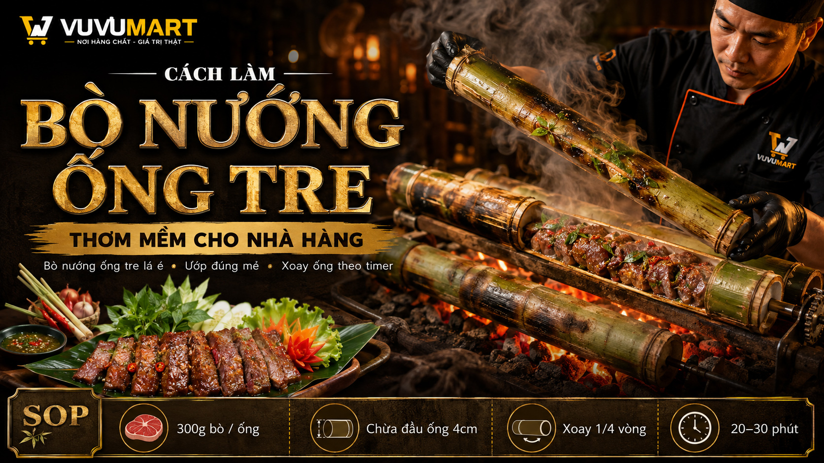 Bò nướng ống tre thơm lá é, giữ nước thịt và tạo màn mở ống hấp dẫn tại bàn