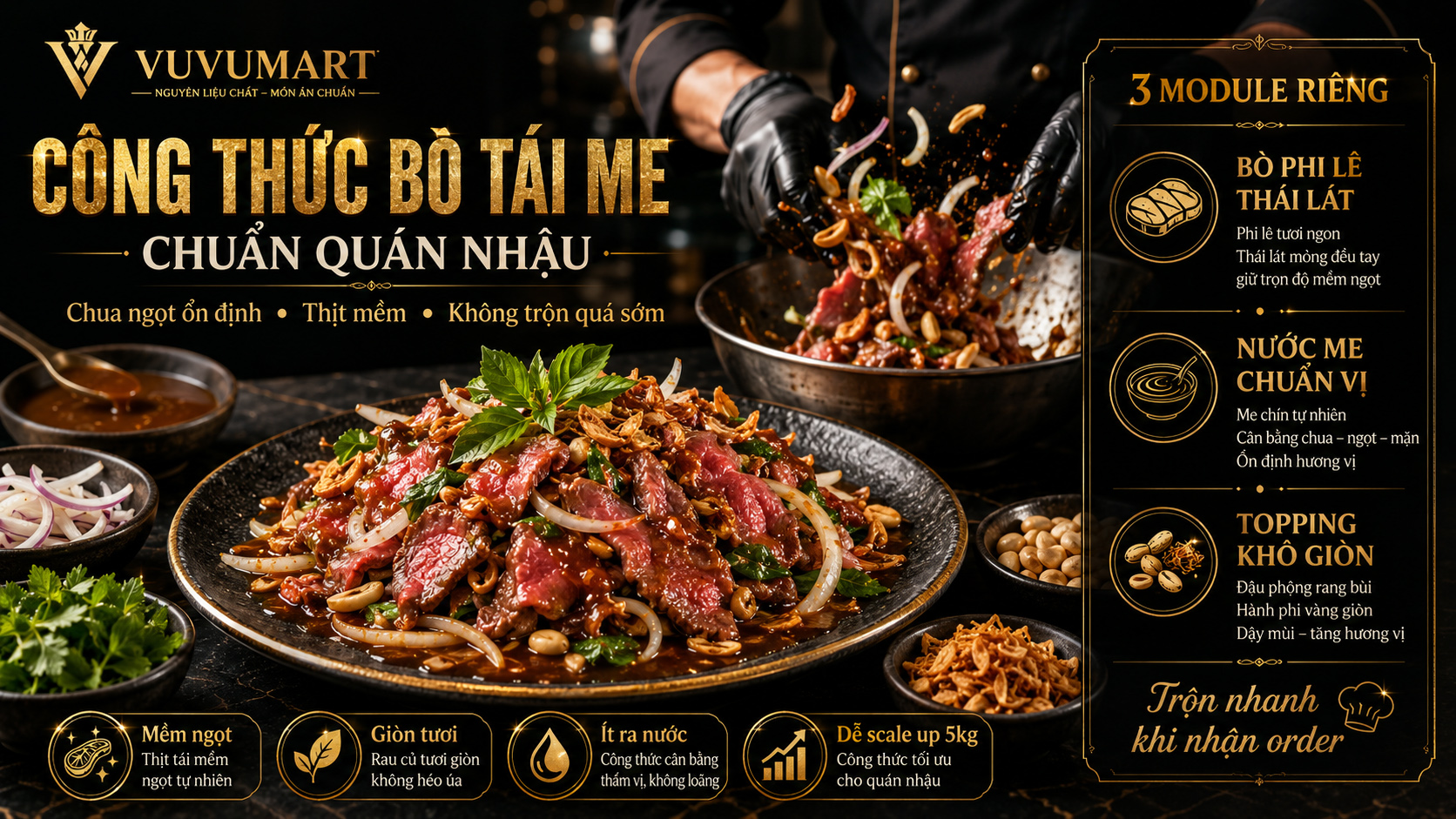 Bò tái me chua dịu, thịt mềm ngọt và hành giòn cho menu món nhậu