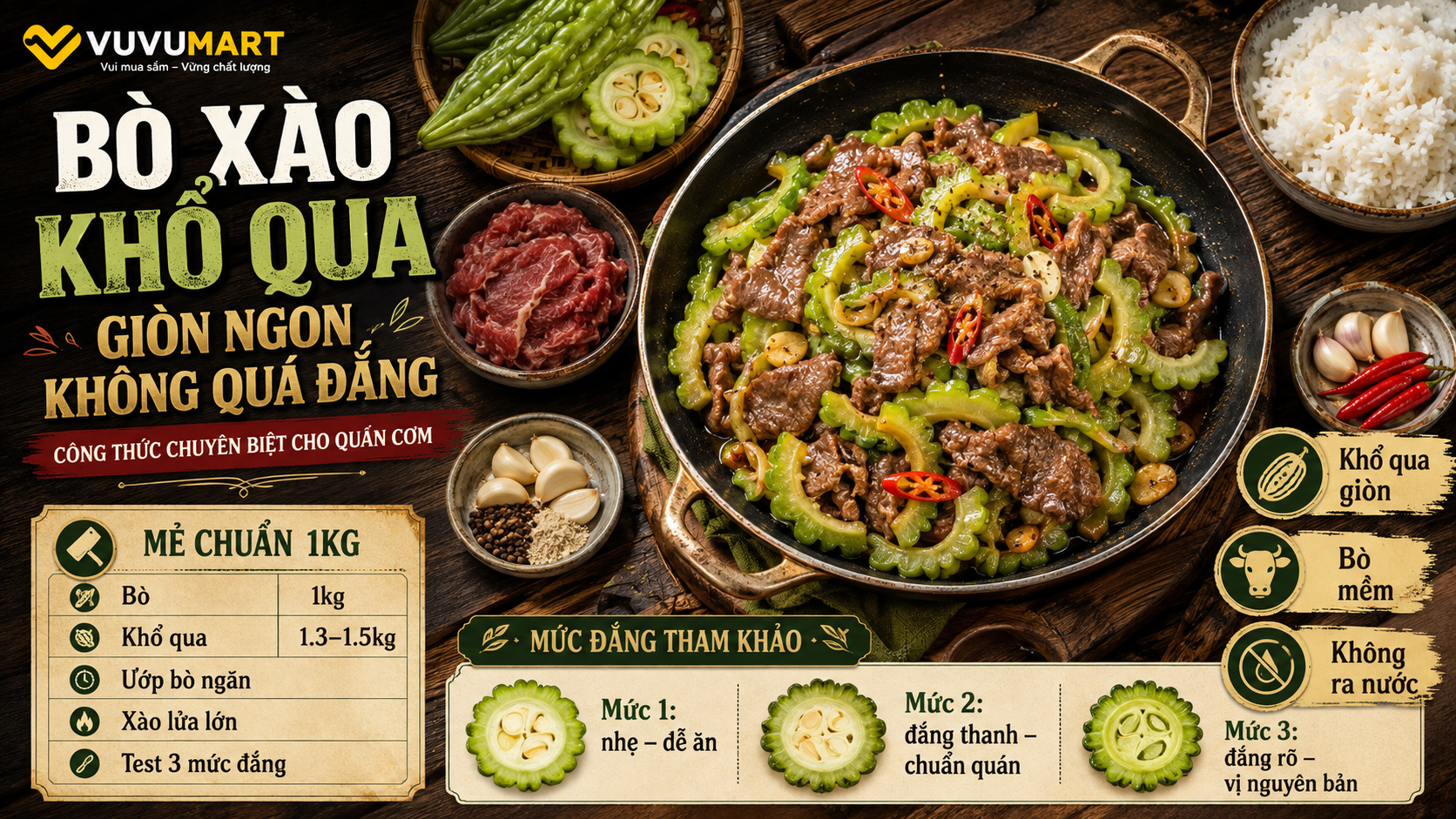 Bò xào khổ qua giòn thanh, bò mềm và vị đắng vừa đủ để bắt cơm