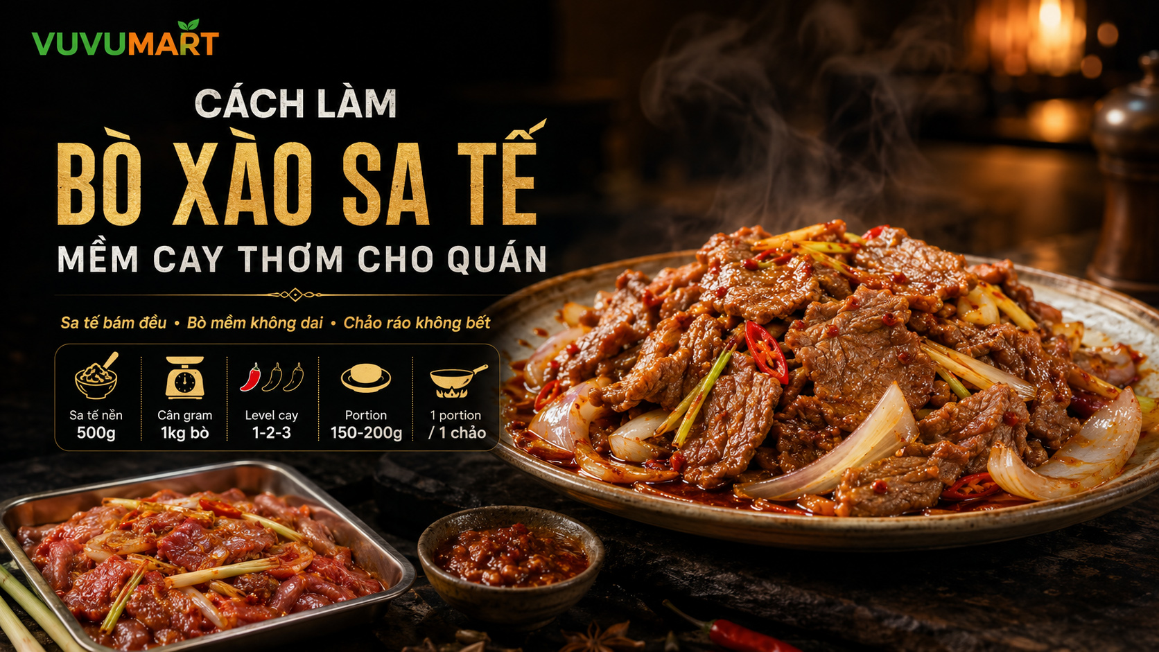 Bò xào sa tế cay thơm bám thịt, bò mềm mà chảo vẫn ráo