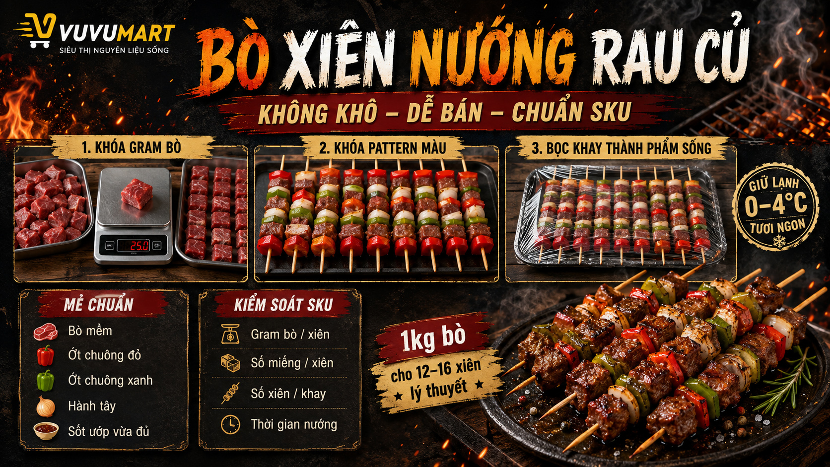Bò xiên rau củ lên màu đẹp, thịt mềm và từng xiên đồng đều để bán BBQ
