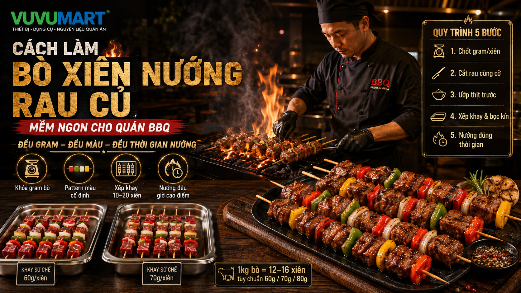 Bò xiên rau củ lên màu đẹp, thịt mềm và từng xiên đồng đều để bán BBQ