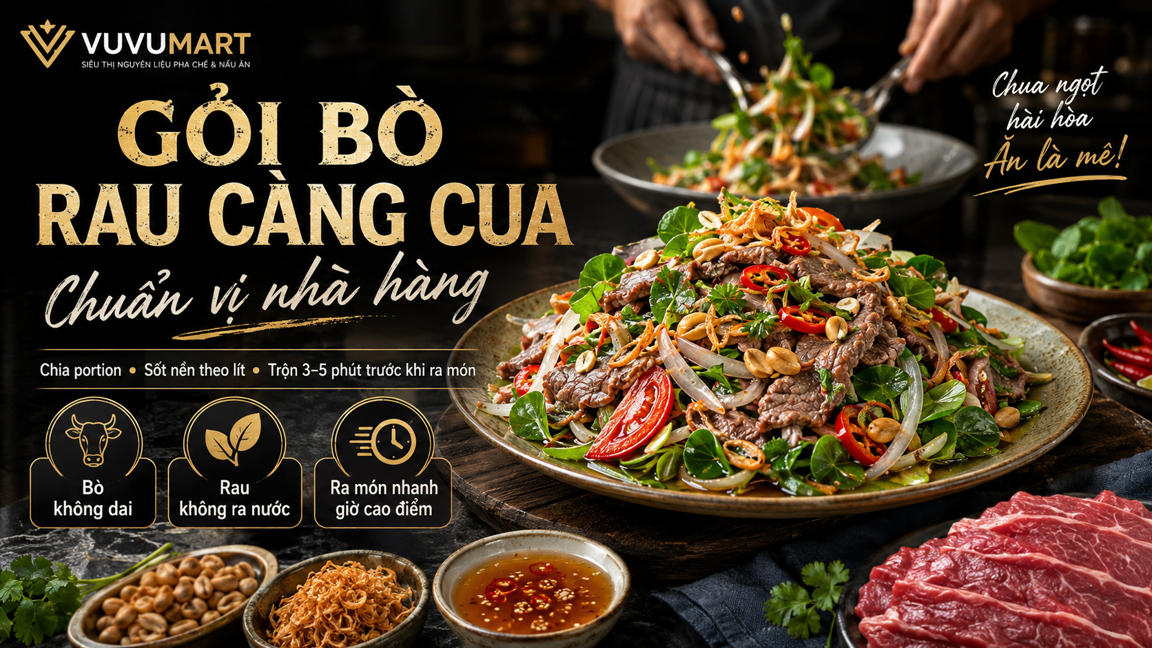 Gỏi bò rau càng cua giòn mát, bò mềm và nước trộn bám vị không ra nước