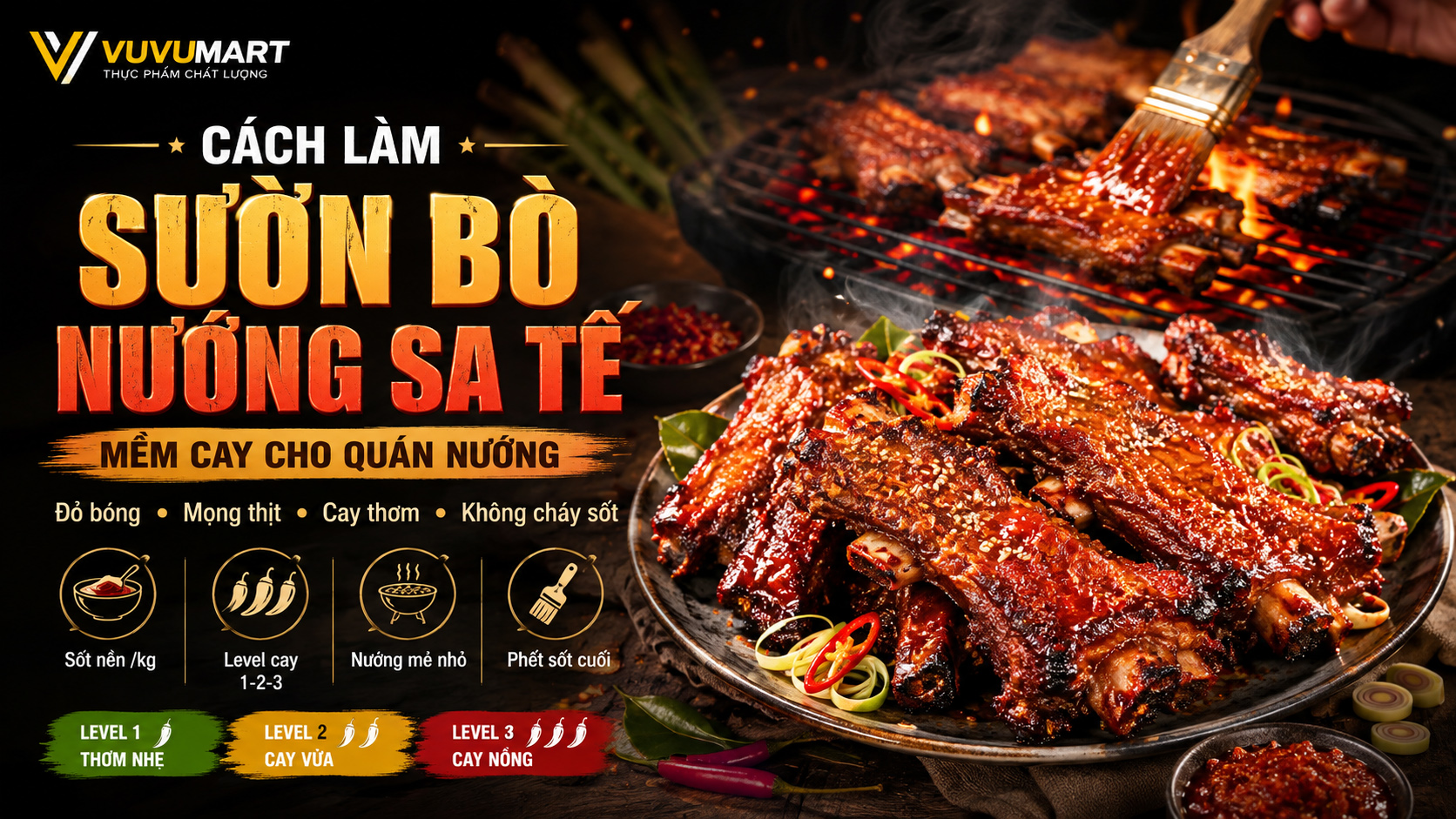 Sườn bò nướng sa tế đỏ bóng, cay thơm mà thịt vẫn mềm mọng